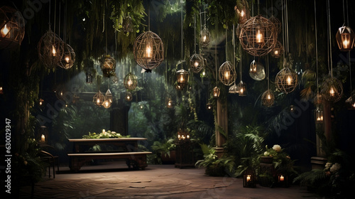 A magical special angle commercial shot of Hanging Decorations, such as twinkling Paper Lanterns, sparkling Fairy Lights, and lush Greenery suspended from above