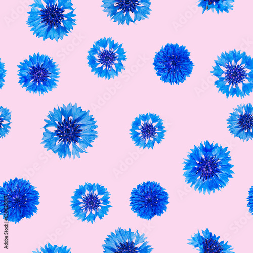 Seamless pattern of fresh blue cornflower flowers on light pink background