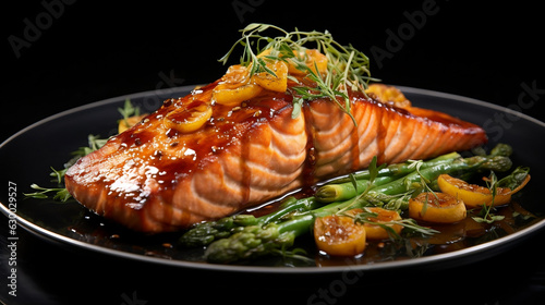 A mouthwatering special angle commercial shot of a perfectly glazed Apricot Glazed Salmon, showcasing the golden-brown glaze and the flaky, pink salmon
