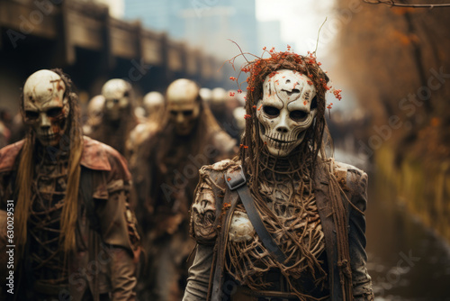 Group of zombies wandering through urban settings