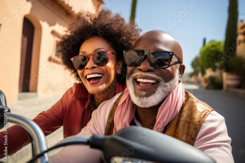 Fashionable African elderly couple, with stylish sunglasses, glides through city on scooter, embracing the fun and freedom of the moment with youthful exuberance.Spending time outside holiday concept.