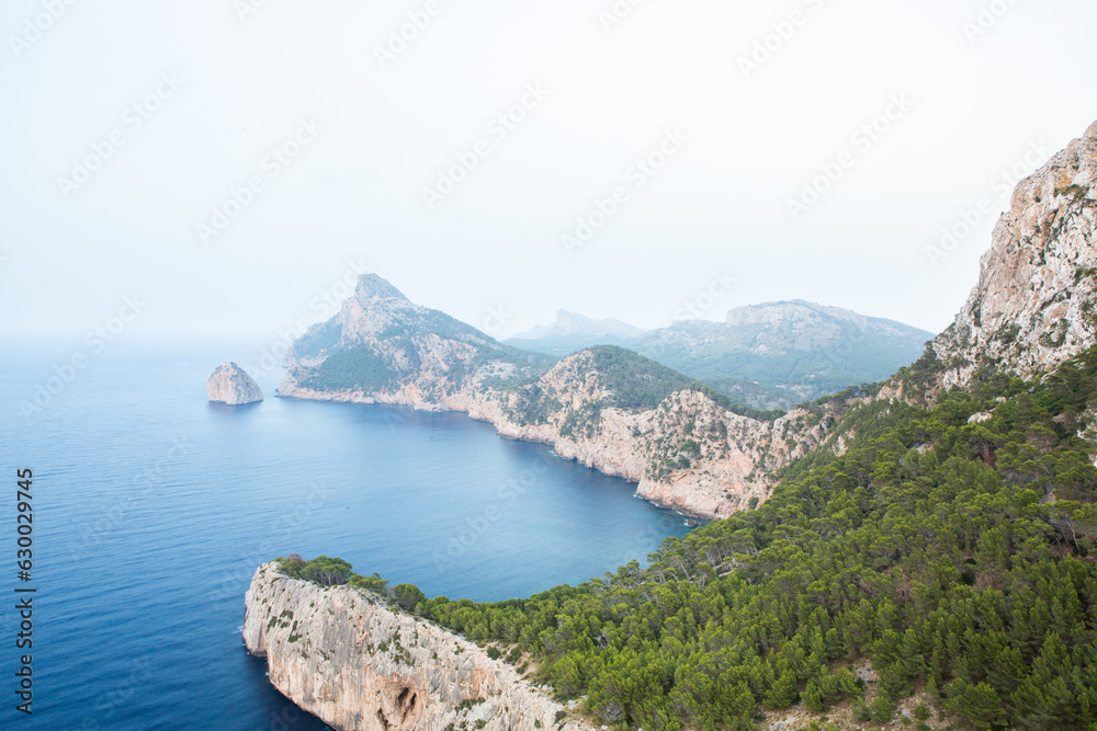 Hiking holidays Mallorca, Spain. Beautiful picture with landscape of Serra de Tramuntana mountains in the island of Majorca in Mediterranean sea. Paradise for bikers. Adventure travel.