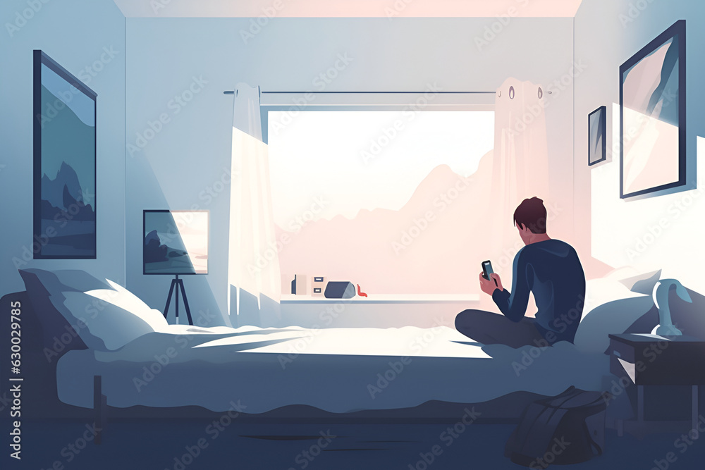 © Мария Фадеева - Social connection crisis, a young man alone looks into the phone. With Generative AI technology © Мария Фадеева - Social connection crisis, a young man alone looks into the phone. With Generative AI technology