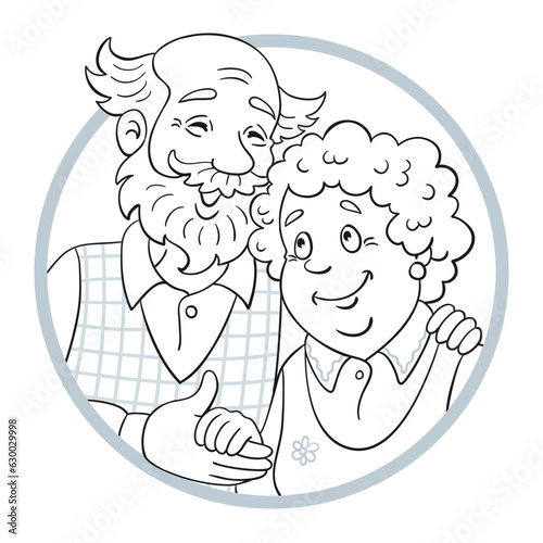 Avatar icon of a cute elderly couple. Black and white portrait  in the circle for coloring book. In cartoon style. Isolated on white background.  Vector illustration.