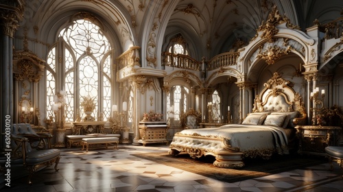 A bedroom with a large bed and a large window with gold trim