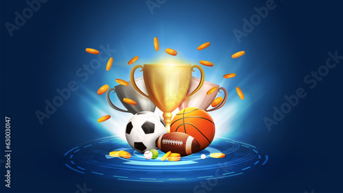 Sport betting, poster with champion cups, sport balls and falling gold coins on blue background with spotlights.