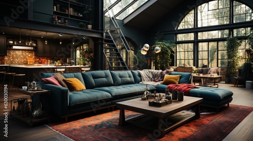 A living room with a black couch and a colorful rug with a black kitchen island in the background