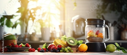 Background Image Of Chrome Blender On Kitchen Counter With Fruits, Copy Space ultrarealistic photo.