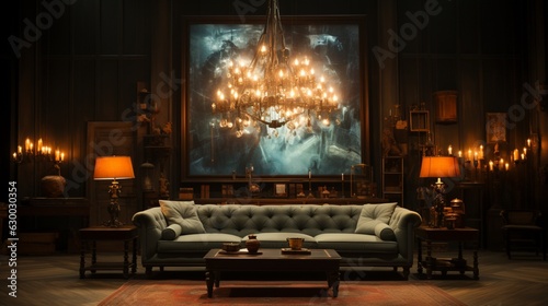 A living room with a large picture of a chandelier and a lamp