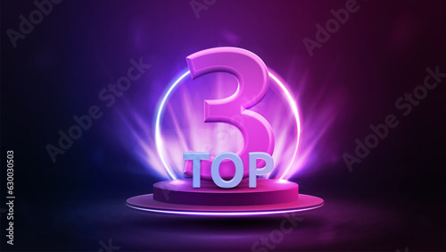Top 3, banner with podium floating in the air with award, line gradient neon ring and spotlight on background