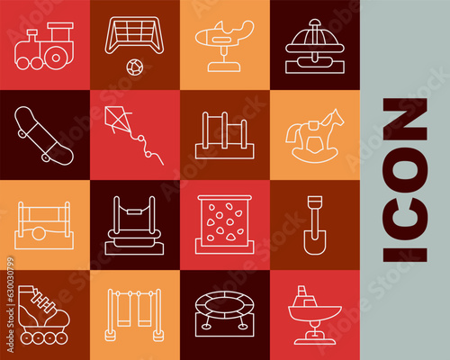 Set line Swing boat, Shovel toy, Horse saddle swing, plane, Kite, Skateboard trick, Toy train and Horizontal bar icon. Vector