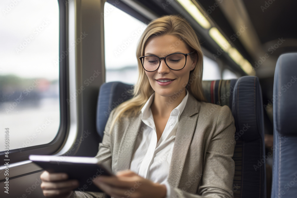 Elegant businesswoman using tablet on train when go to work. Generative Ai Elegant businesswoman using tablet on train when go to work. Generative Ai