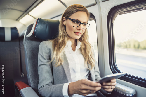 Elegant businesswoman using tablet on train when go to work. Generative Ai