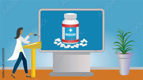 Woman, pharmacist or doctor in lecture about medication, pharmacy business and treatment. Gesturing and standing in front of big modern screen for education. Dimension 16:9. Vector illustration.
