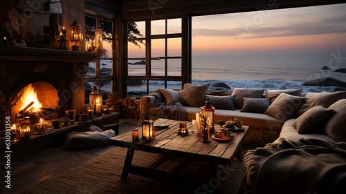 Cozy coastal home with fireplace and warm decor