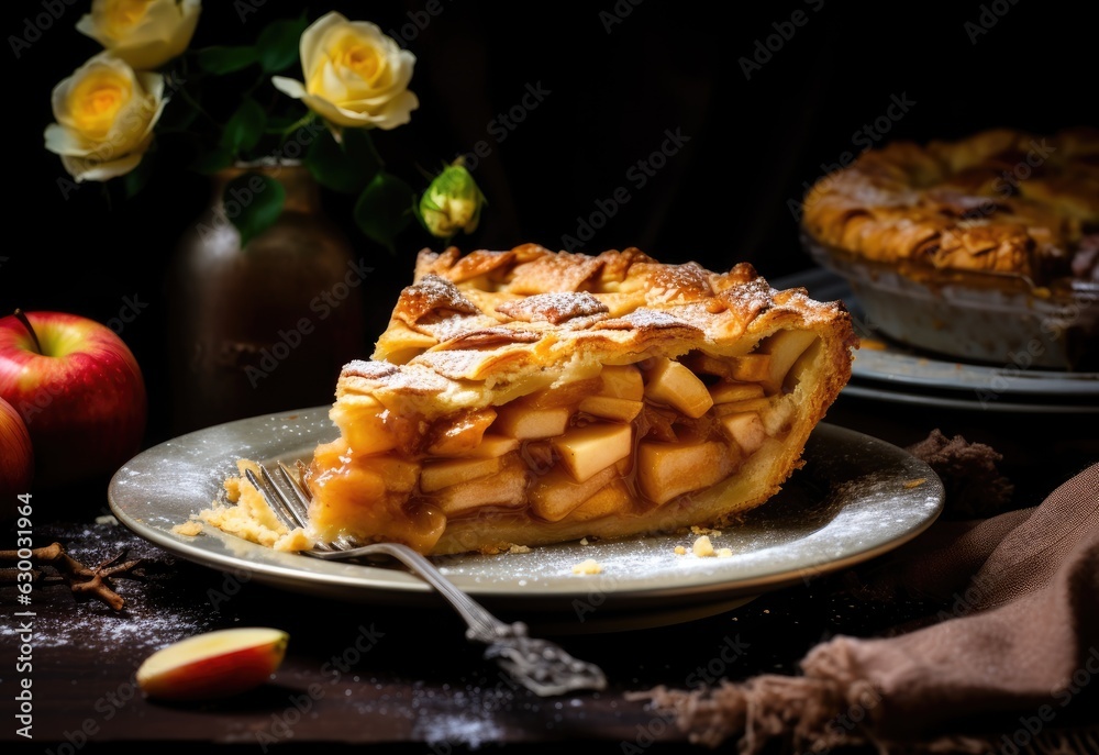Apple pie, one slice on a plate, with fork, apple and table decoration Apple pie, one slice on a plate, with fork, apple and table decoration