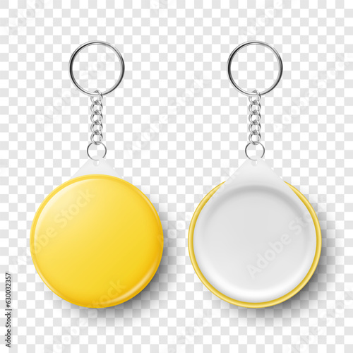 Vector 3d Realistic Blank Yellow Round Keychain with Ring and Chain for Key Isolated. Button Badge with Ring. Plastic, Metal ID Badge with Chains Key Holder, Design Template, Mockup