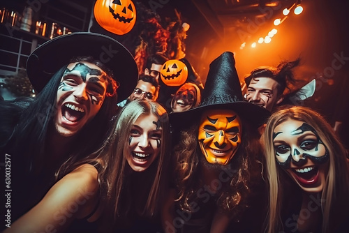 Young People in Costumes Celebrating Halloween. Group of Young Happy Friends Wearing Halloween Costumes having Fun at Party in Nightclub by doing Scary faces. Celebration of Halloween.