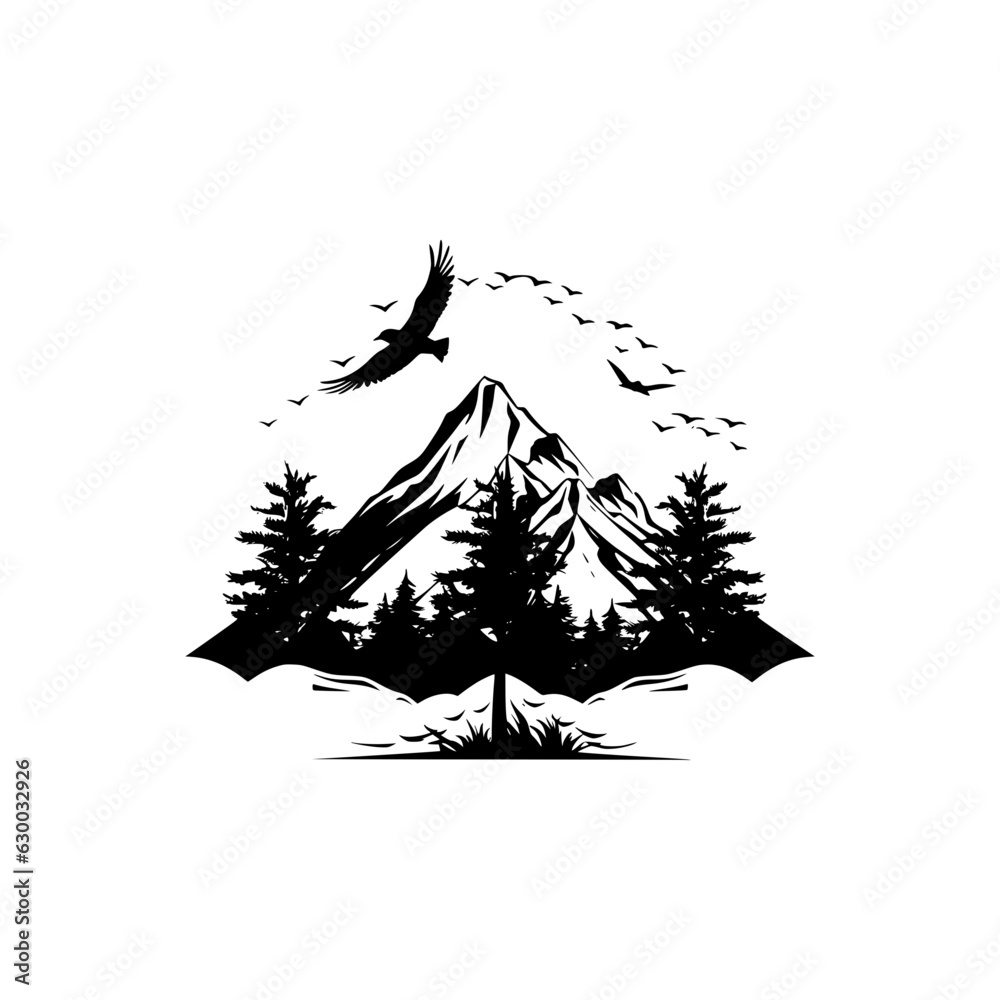 Silhouette of mountains. Black and white image of the contour of the hills. Vector image of