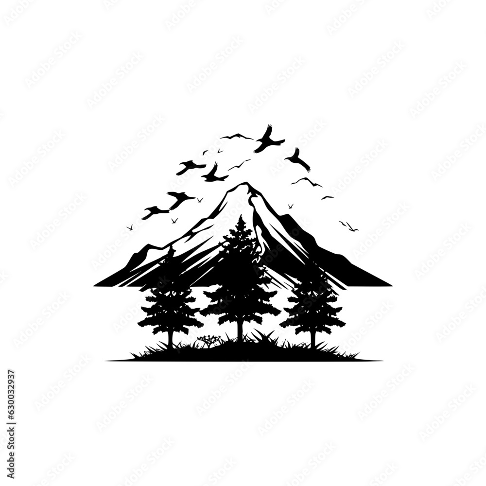 Silhouette of mountains. Black and white image of the contour of the hills. Vector image of