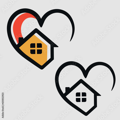 Sweet home logo - house with window and chimney on the roof and heart or love symbol. Family, real estate and realty vector icon.