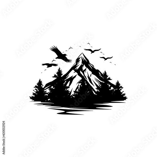 Mountain silhouette - vector icon. Rocky peaks. Mountains ranges. Black and white mountain icon