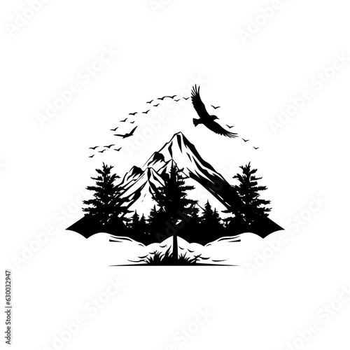 Silhouette of mountains. Black and white image of the contour of the hills. Vector image of stones, terrain, relief, rocks. Design element.