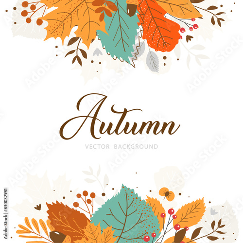 Postcard banner with vibrant autumn leaves hand drawn sketch. Flat doodle style. Vector illustration.