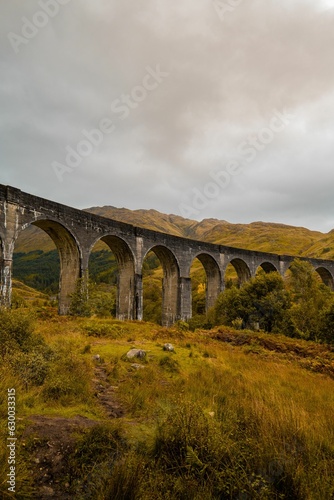 Scenic view of a train railway bridge over a lush landscape of mountains and grass