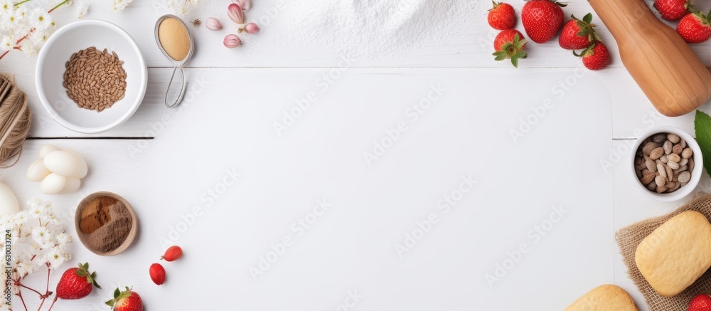 Mock Up With White Paper With Space For Text, Around Ingredients For Baking Cakes. Concept Cooking With