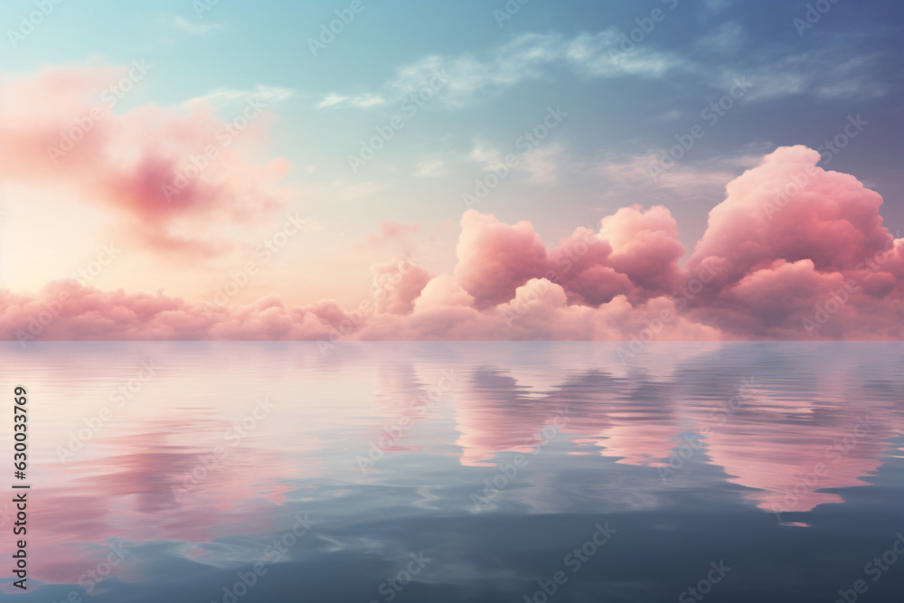 Blue sky with pink fluffy clouds reflected in the water below.