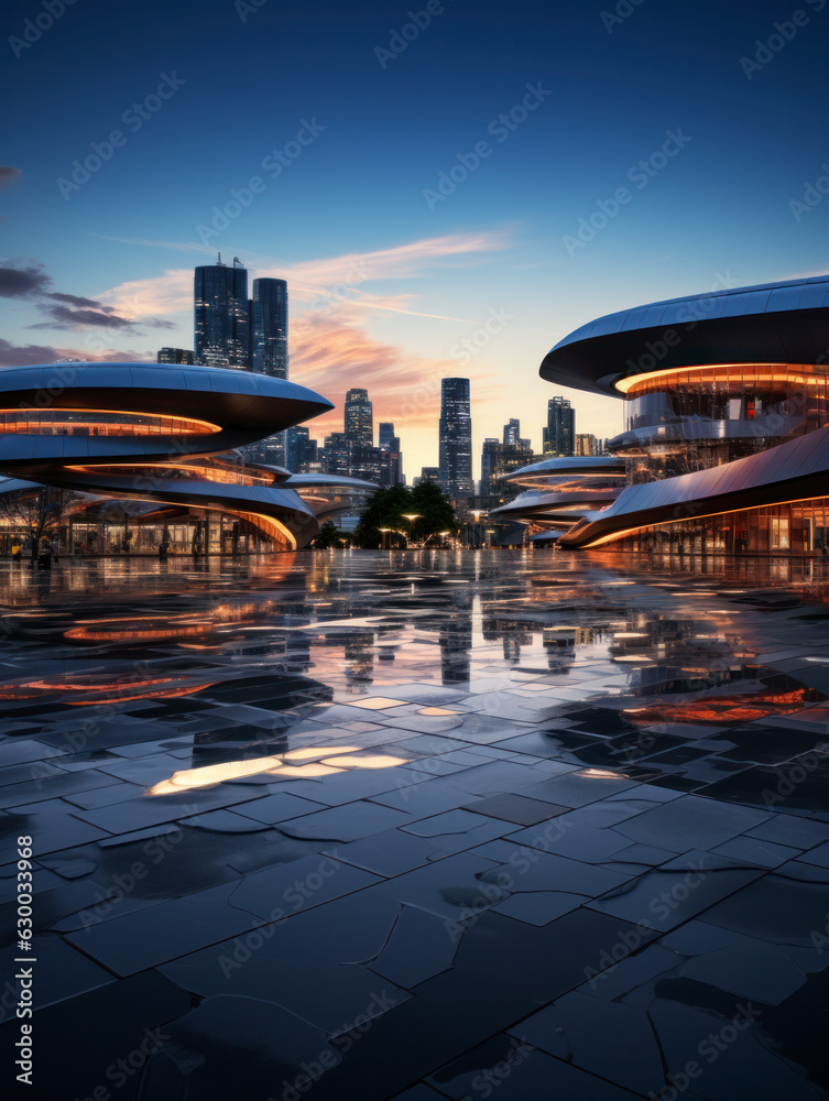 empty floor with futuristic building empty floor with futuristic building