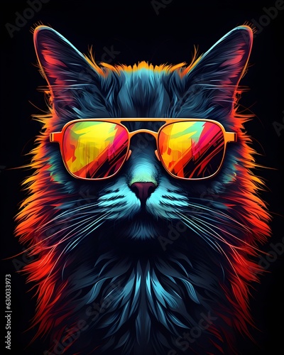 Colorful Cat with Aviator Shades: 80s Retro Portrait Illustration © Forrester