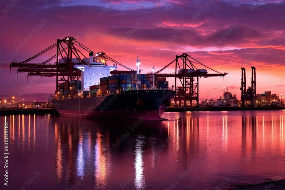 Fototapeta premium Loading container cargo at port terminal, Container ship docked at a dock