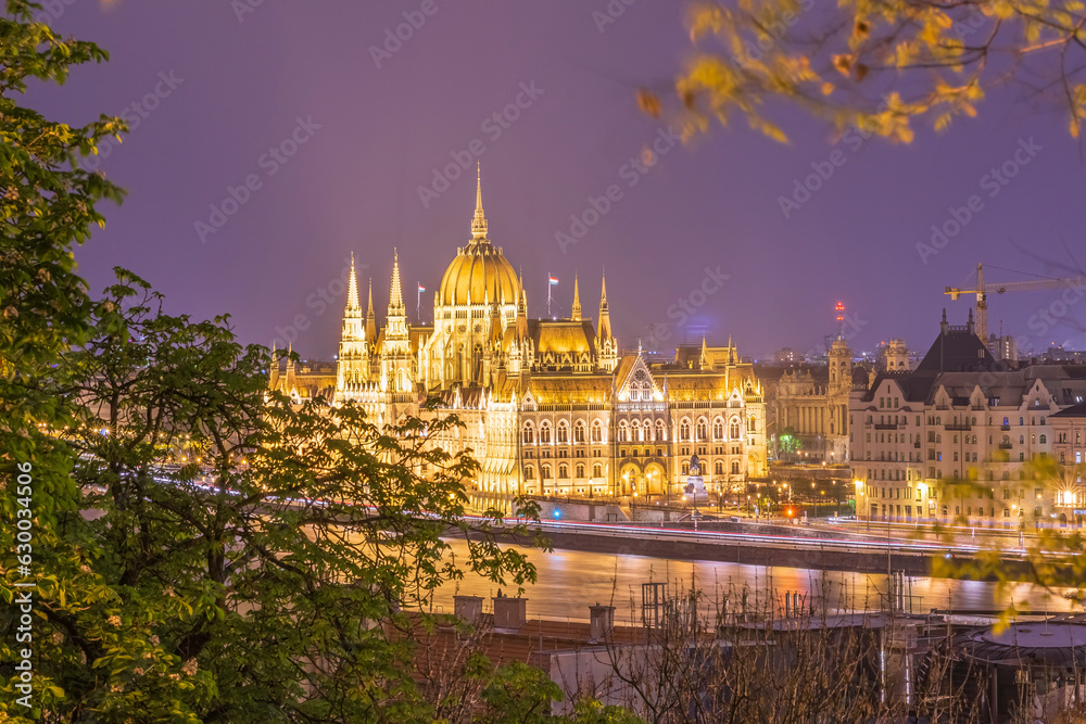 Photos taken with night lights from various angles in budapest, the capital of hungary