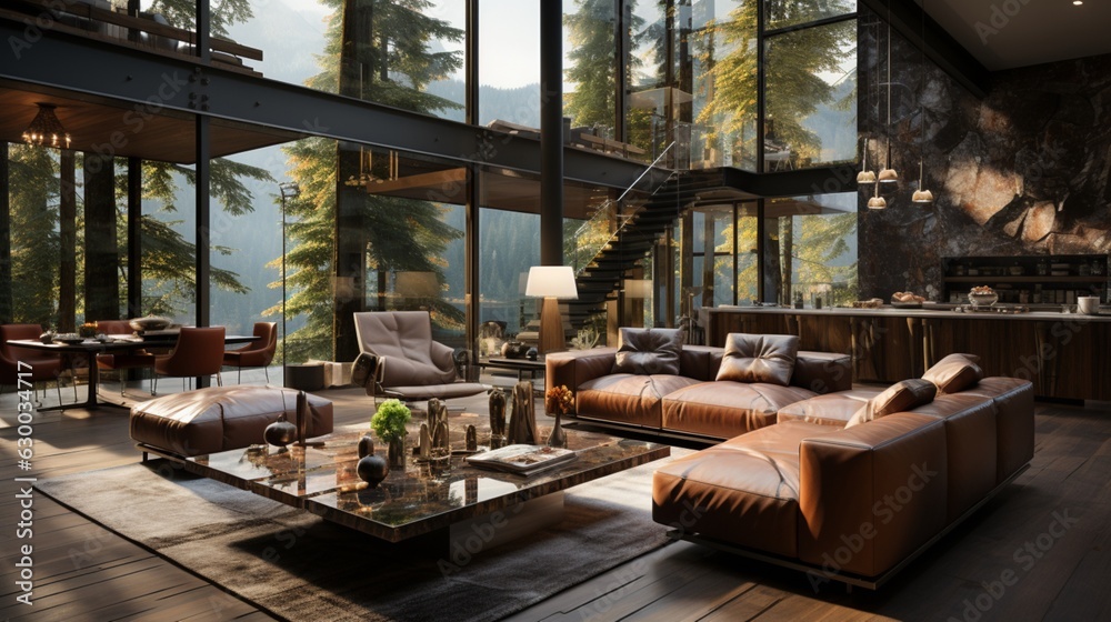 Design of living room with glass wall Design of living room with glass wall