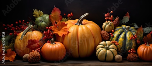 Decorations for the fall season featuring pumpkins  berries  and leaves. Represents Thanksgiving or
