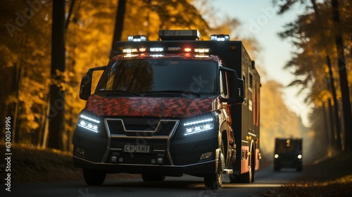 An ambulance travelling down a road with lights on