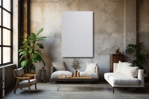 Loft Industrial Style Living Room Interior With Poster Mockup Created with Generative AI © dendyh7