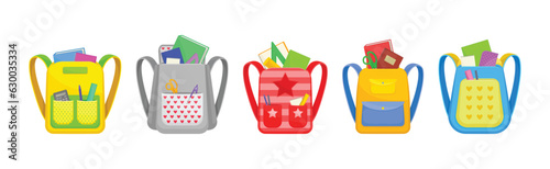 Colorful School Backpacks with School Supplies Vector Set
