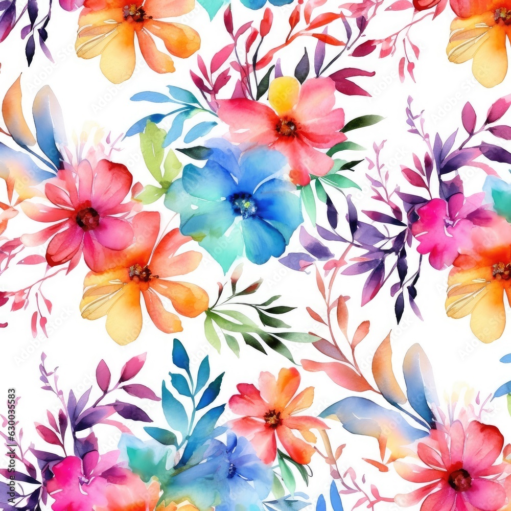 Fototapeta premium Watercolor tropical flowers and foliage on a white background. Floral texture. Generative AI