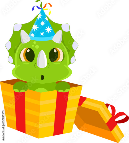 Cute Birthday Dinosaur Cartoon Character Exit From Gift Box. Vector Illustration Flat Design Isolated On Transparent Background