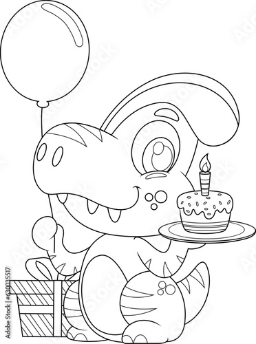 Outlined Funny Dinosaur Cartoon Character Wearing A Party Hat And Holding A Birthday Cake. Vector Hand Drawn Illustration Isolated On Transparent Background