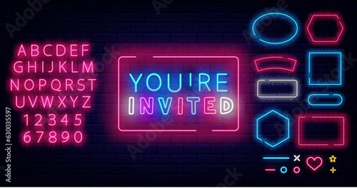 You are invited neon label. Welcome sign. Glowing advertising. Shiny pink alphabet. Party design. Vector illustration
