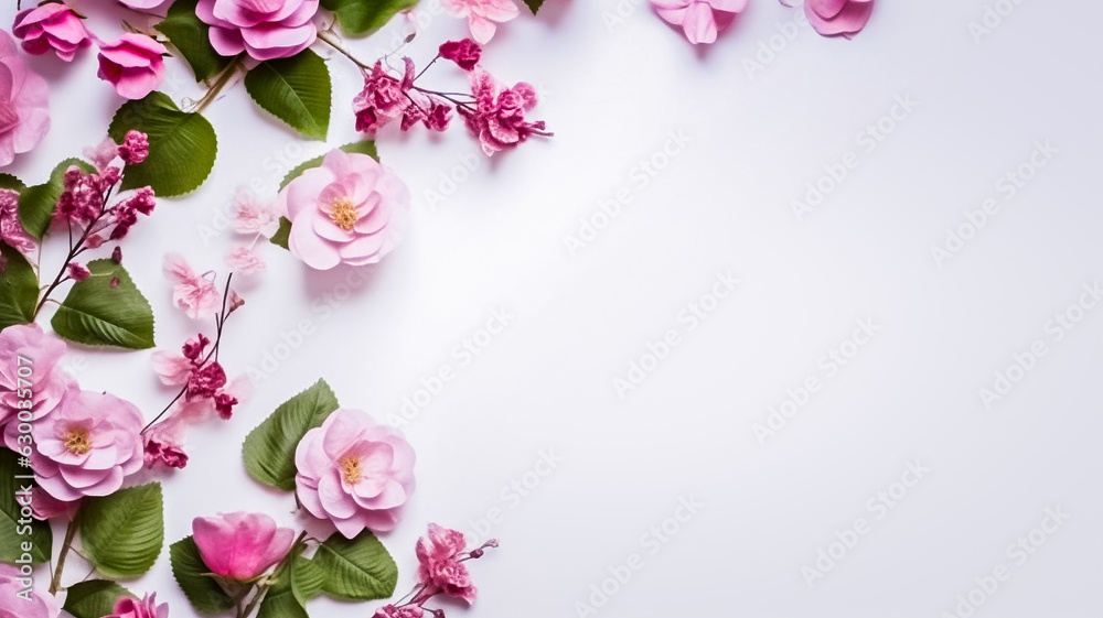 Arrière plan floral, fond blanc et fleurs roses, pour carte, invitation - Générative ia