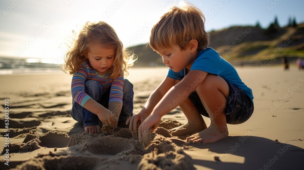 At the beach, a brother and sister are playing on the sand. At the beach, a brother and sister are playing on the sand.
