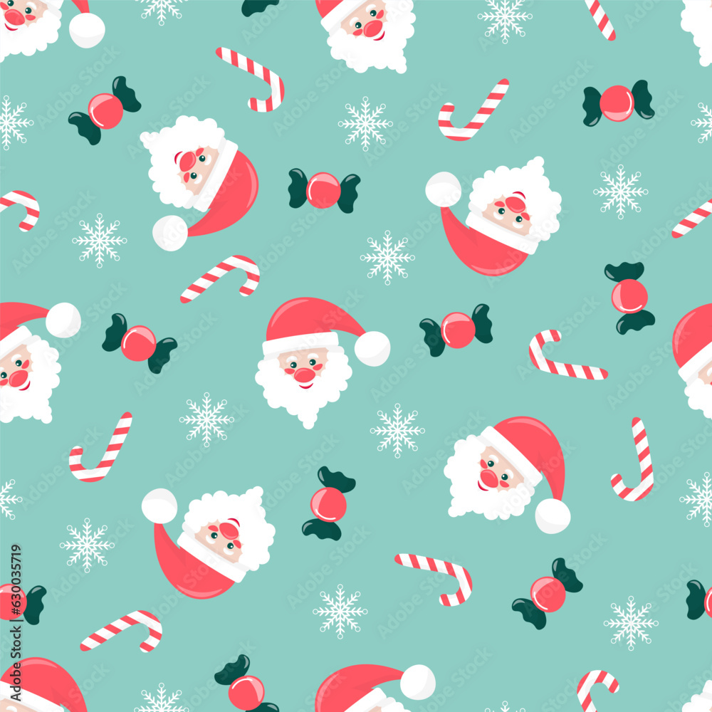 Cute cartoon christmas seamless pattern with santa, candies, snowflakes, and candy cane, on a blue background