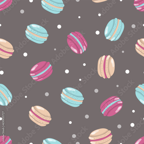 Vector colorful macaroons seamless pattern in hand-drawn style. Macaron endless texture. On a dark background.