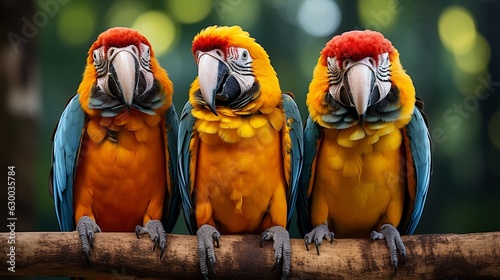 Macaws in vibrant red, yellow, and blue