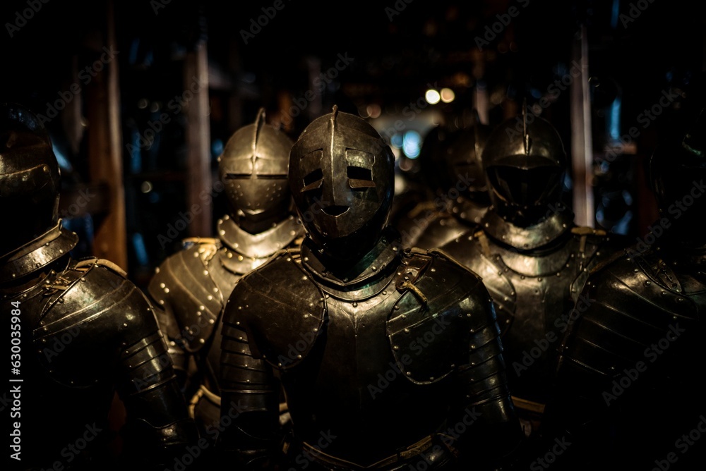 Array of full-sized knights standing in neat rows outdoors in the dark